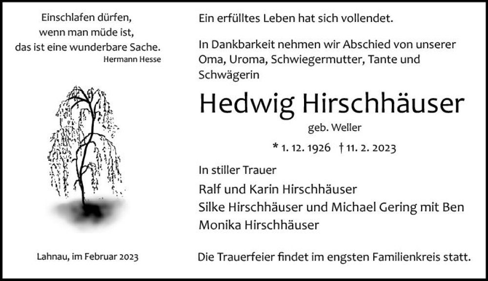  Traueranzeige für Hedwig Hirschhäuser vom 15.02.2023 aus Wetzlarer Neue Zeitung
