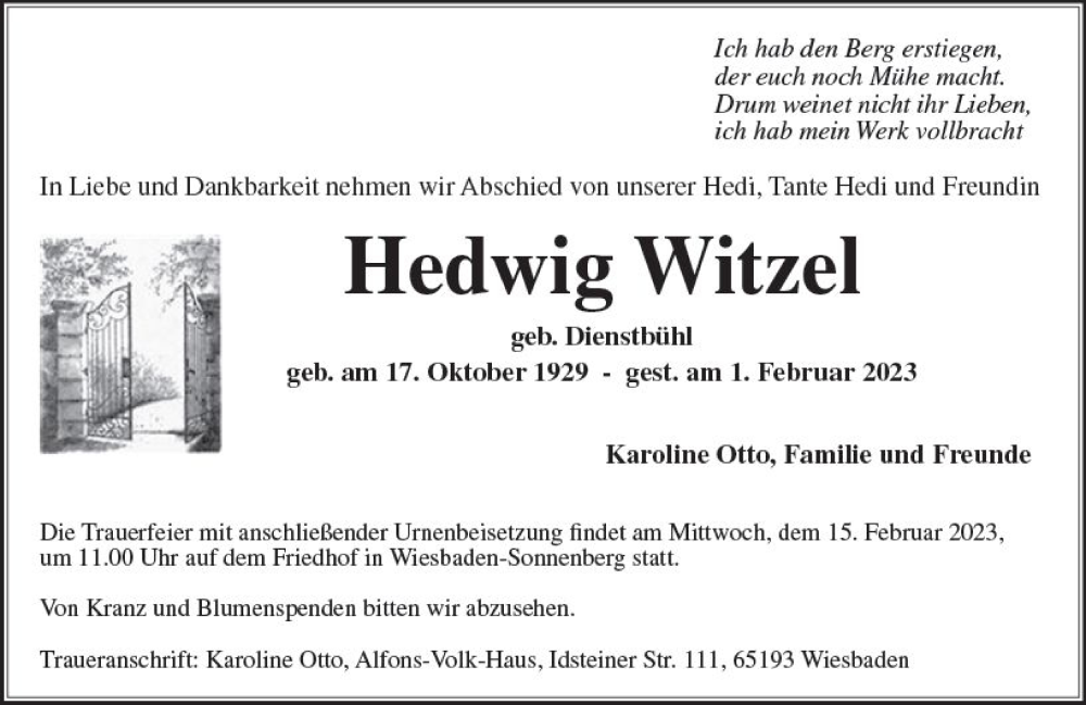  Traueranzeige für Hedwig Witzel vom 11.02.2023 aus Wiesbadener Kurier gesamt