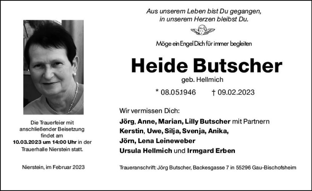  Traueranzeige für Heide Butscher vom 25.02.2023 aus Allgemeine Zeitung Mainz
