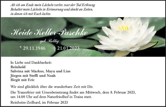 Traueranzeige von Heide Keller-Paschke von Darmstädter Echo