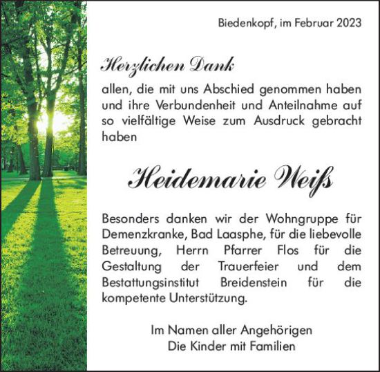 Traueranzeige von Heidemarie Weiß von Hinterländer Anzeiger