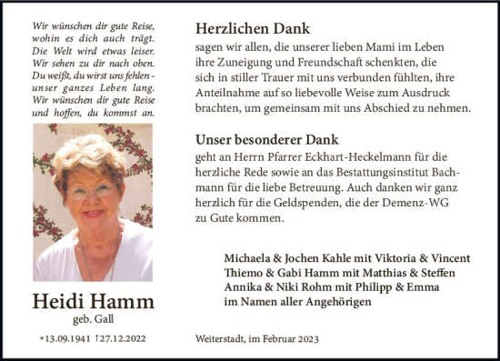 Traueranzeige von Heidi Hamm von Darmstädter Echo