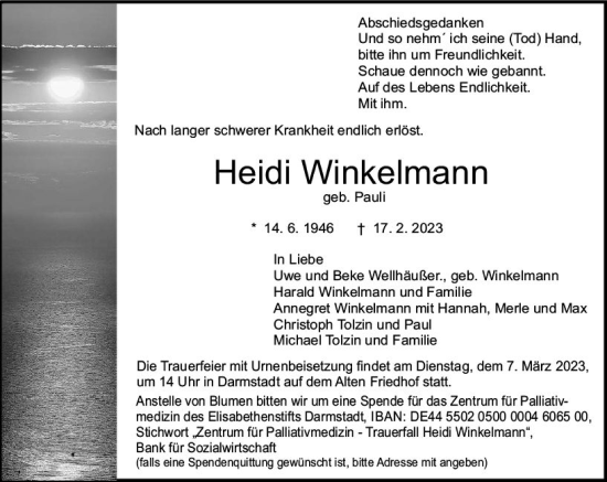 Traueranzeige von Heidi Winkelmann von Darmstädter Echo