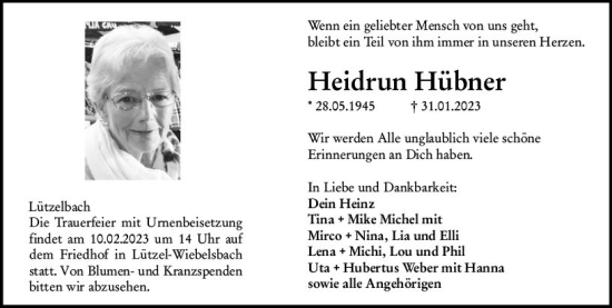 Traueranzeige von Heidrun Hübner von Odenwälder Echo