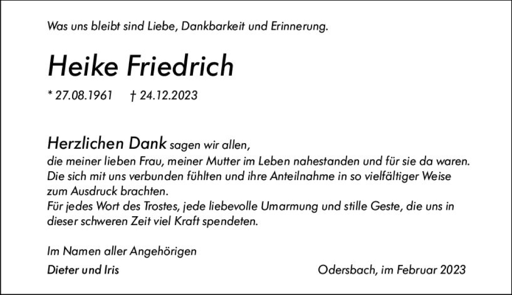  Traueranzeige für Heike Friedrich vom 25.02.2023 aus Weilburger Tageblatt