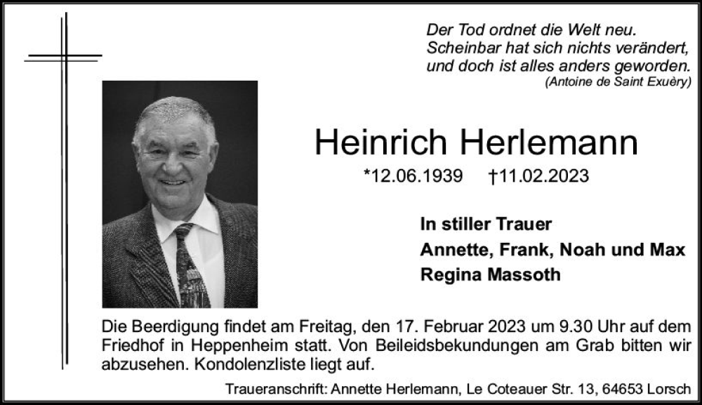  Traueranzeige für Heinrich Herlemann vom 15.02.2023 aus Starkenburger Echo