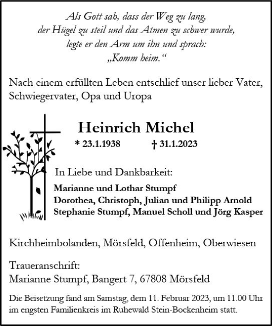 Traueranzeige von Heinrich Michel von Allgemeine Zeitung Alzey