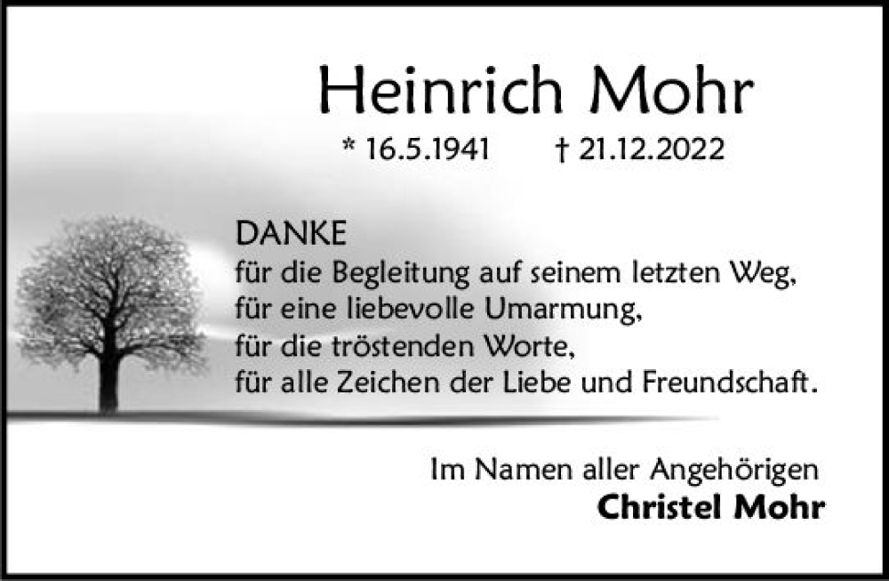  Traueranzeige für Heinrich Mohr vom 04.02.2023 aus VRM Trauer