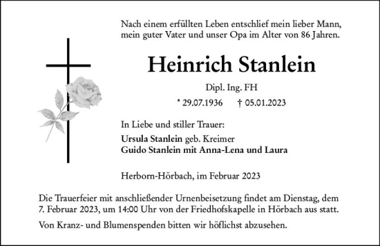 Traueranzeige von Heinrich Stanlein von Dill Block