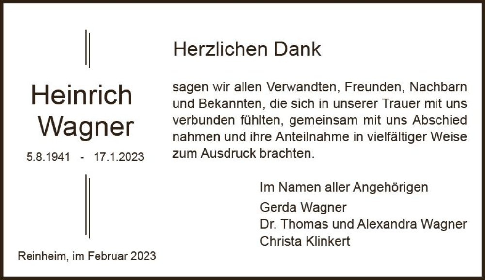  Traueranzeige für Heinrich Wagner vom 25.02.2023 aus Darmstädter Echo
