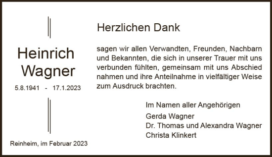 Traueranzeige von Heinrich Wagner von Darmstädter Echo