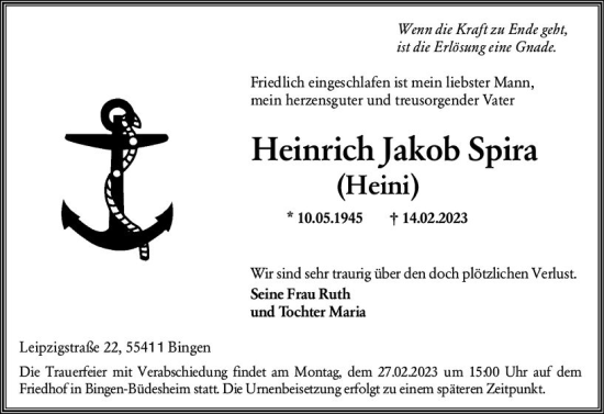 Traueranzeige von Heinrich Jakob Spira von Allgemeine Zeitung Bingen/Ingelheim