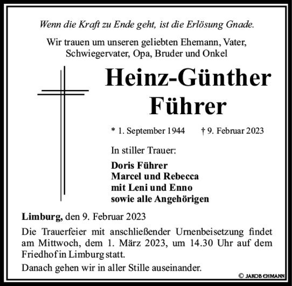  Traueranzeige für Heinz-Günther Führer vom 25.02.2023 aus Nassauische Neue Presse