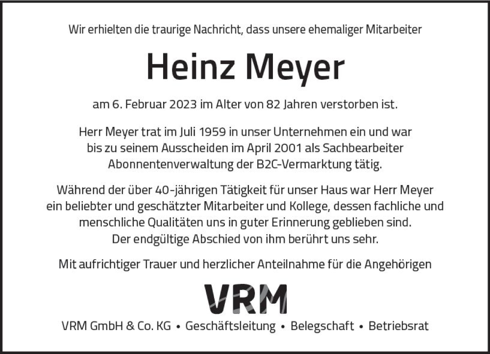  Traueranzeige für Heinz Meyer vom 11.02.2023 aus Wiesbadener Kurier gesamt