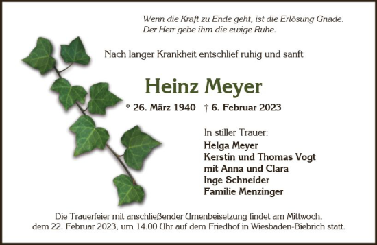 Traueranzeige von Heinz Meyer von Wiesbadener Kurier gesamt