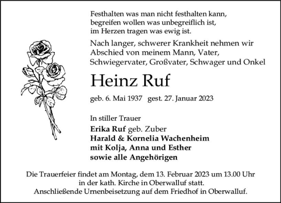Traueranzeige von Heinz Ruf von Wiesbadener Kurier gesamt