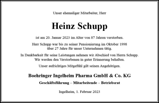 Traueranzeige von Heinz Schupp von Allgemeine Zeitung Ingelheim-Bingen