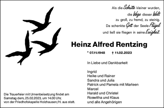 Traueranzeige von Heinz Alfred Rentzing von Hinterländer Anzeiger