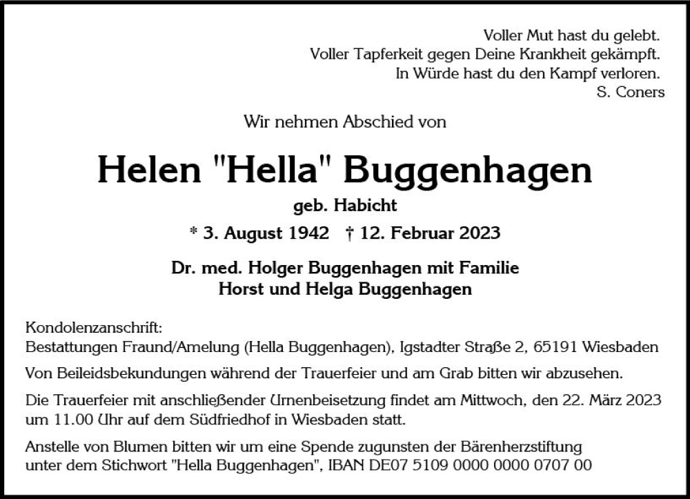  Traueranzeige für Helen Buggenhagen vom 25.02.2023 aus Wiesbadener Kurier