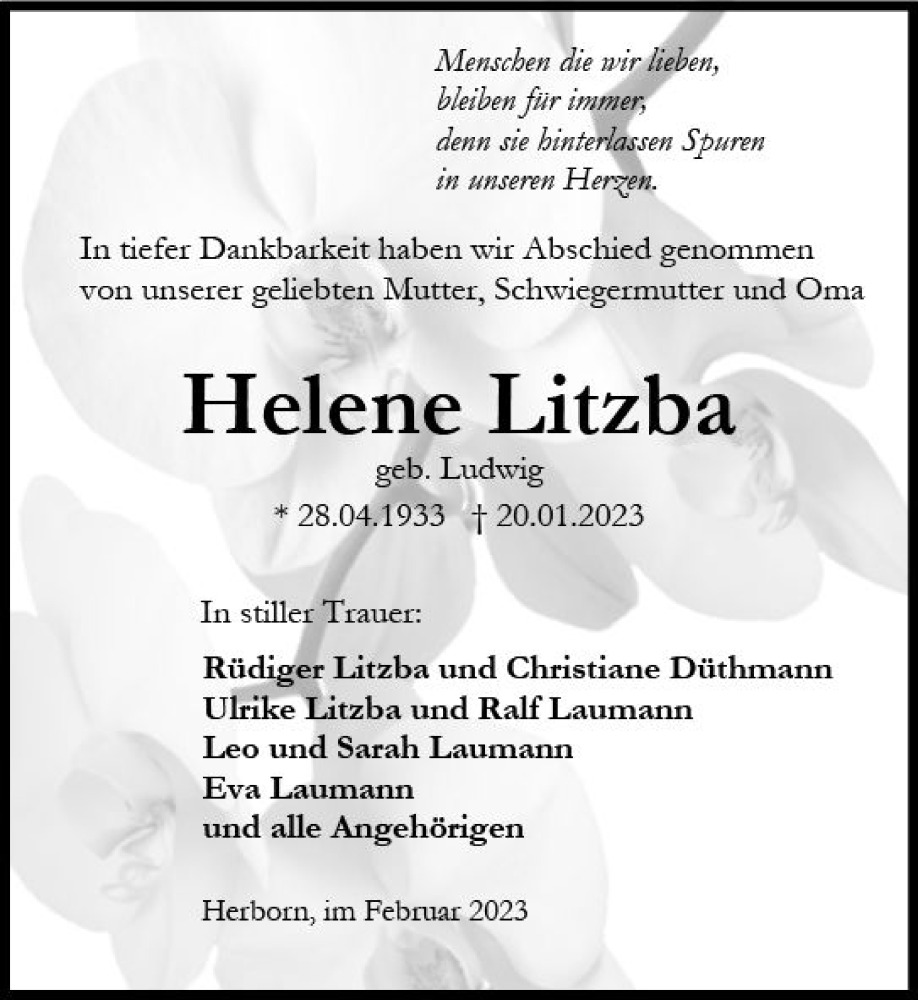  Traueranzeige für Helene Litzba vom 01.02.2023 aus Dill Block