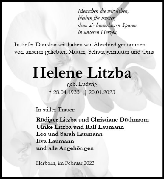 Traueranzeige von Helene Litzba von Dill Block