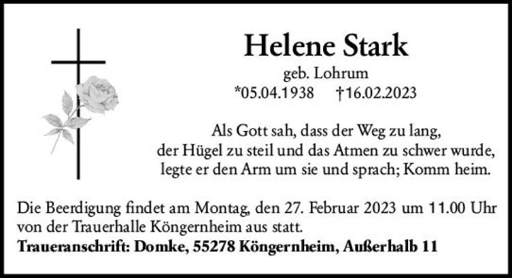  Traueranzeige für Helene Stark vom 25.02.2023 aus Allgemeine Zeitung Mainz
