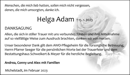 Traueranzeige von Helga Adam von Odenwälder Echo