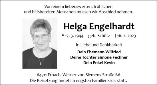 Traueranzeige von Helga Engelhardt von Odenwälder Echo