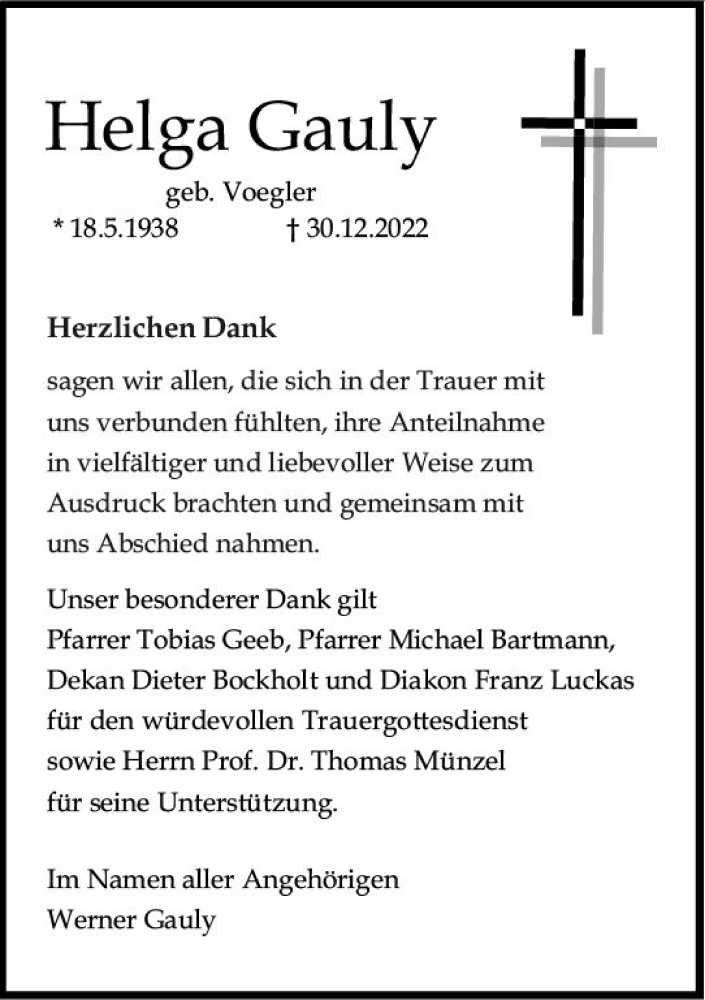  Traueranzeige für Helga Gauly vom 18.02.2023 aus Allgemeine Zeitung Mainz
