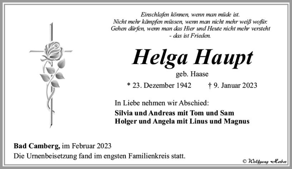  Traueranzeige für Helga Haupt vom 02.02.2023 aus Camberger Anzeiger