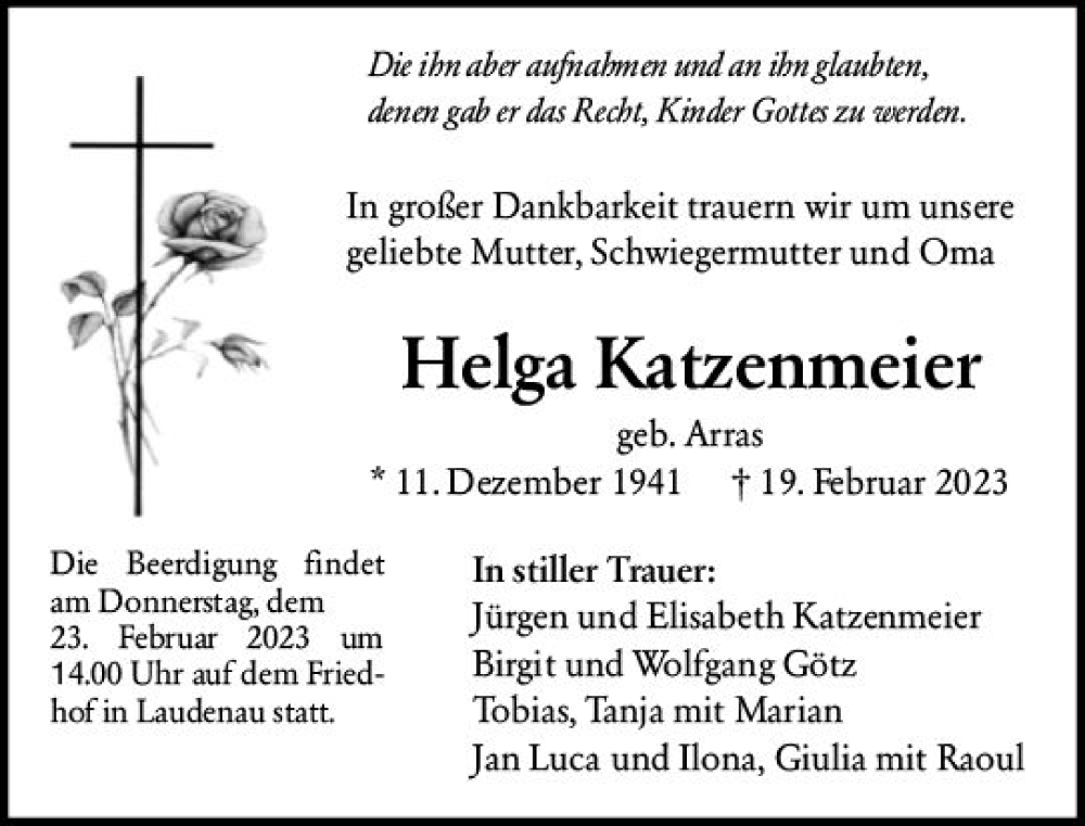  Traueranzeige für Helga Katzenmeier vom 22.02.2023 aus Odenwälder Echo