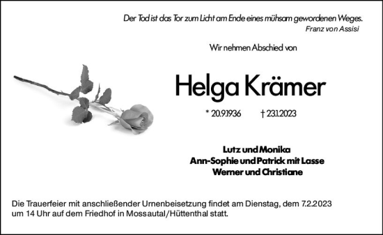 Traueranzeige von Helga Krämer von Odenwälder Echo