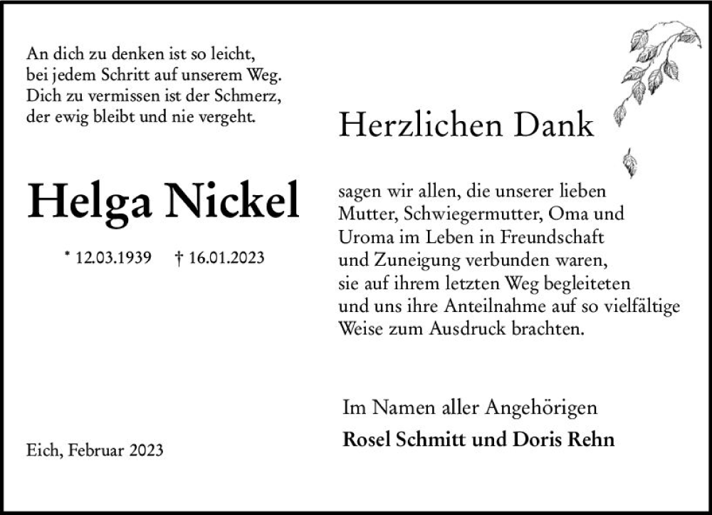  Traueranzeige für Helga Nickel vom 18.02.2023 aus Wormser Zeitung