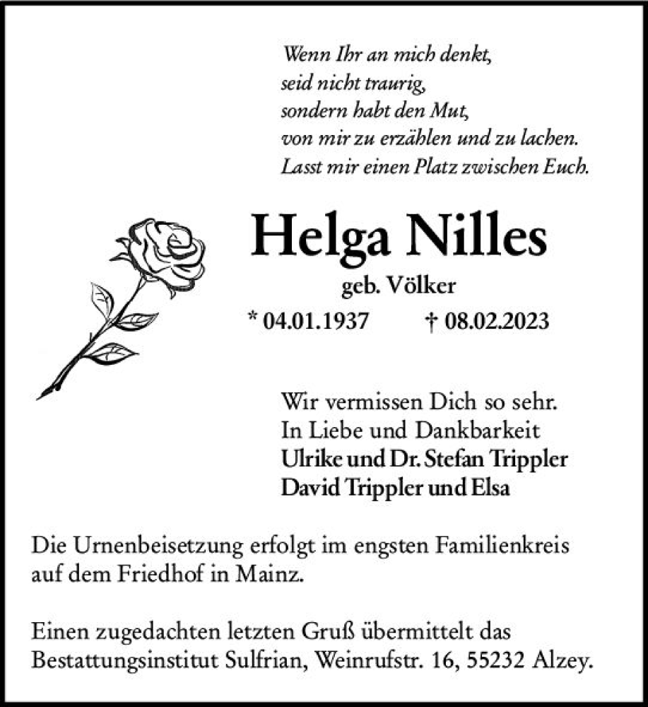  Traueranzeige für Helga Nilles vom 11.02.2023 aus Allgemeine Zeitung Alzey
