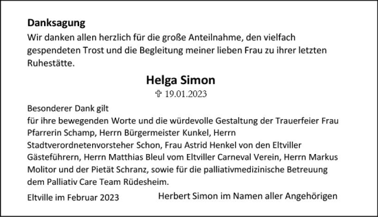 Traueranzeige von Helga Simon von Wiesbadener Kurier gesamt