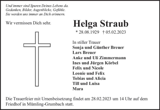 Traueranzeige von Helga Straub von Odenwälder Echo