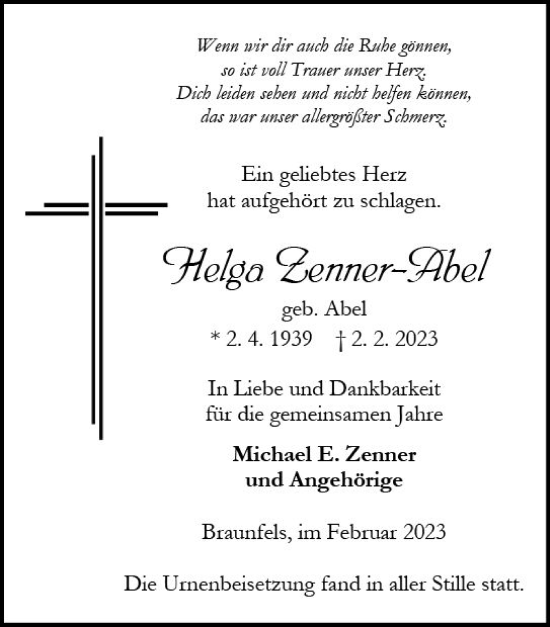 Traueranzeige von Helga Zenner-Abel von Wetzlarer Neue Zeitung