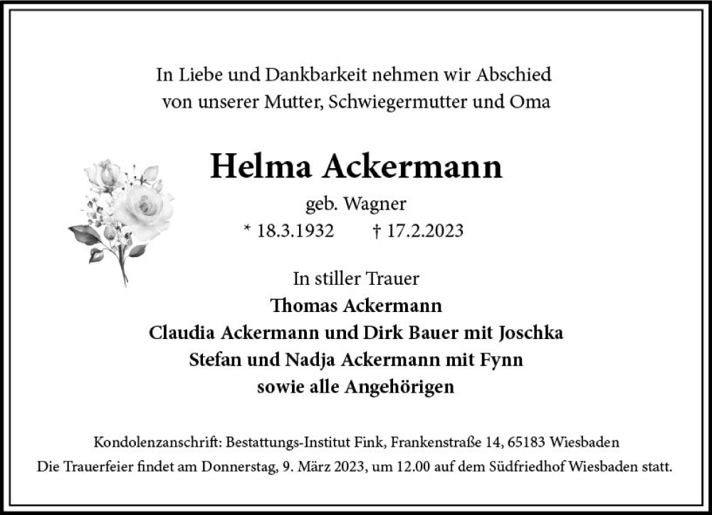  Traueranzeige für Helma Ackermann vom 25.02.2023 aus Wiesbadener Kurier