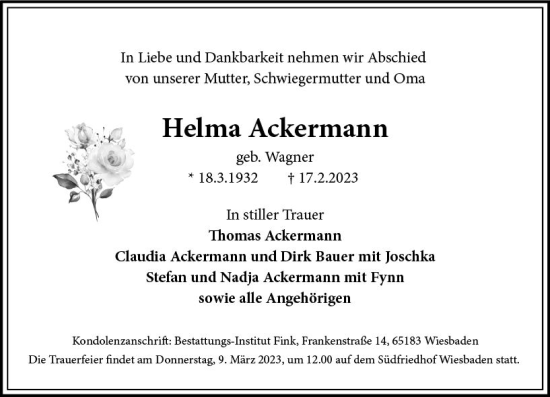 Traueranzeige von Helma Ackermann von Wiesbadener Kurier