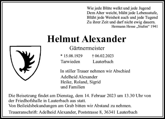 Traueranzeige von Helmut Alexander von VRM Trauer