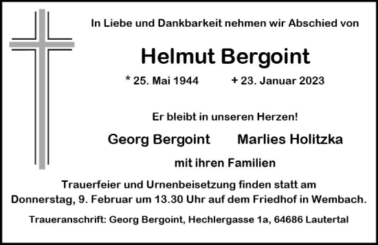 Traueranzeige von Helmut Bergoint von Darmstädter Echo