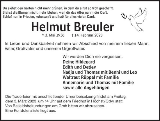 Traueranzeige von Helmut Breuler von Odenwälder Echo