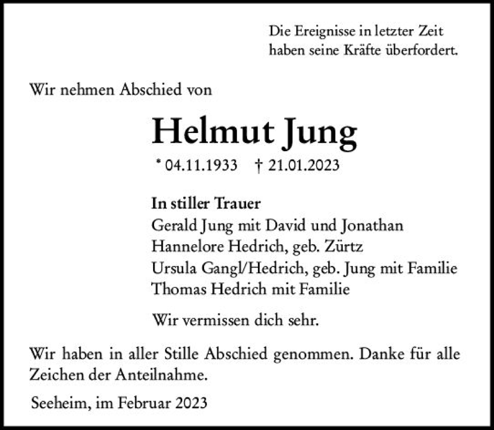  Traueranzeige für Helmut Jung vom 18.02.2023 aus Darmstädter Echo