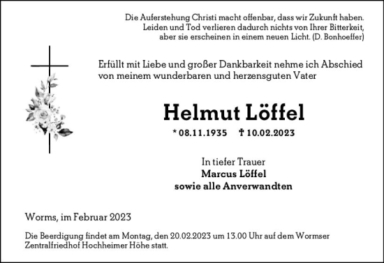 Traueranzeige von Helmut Löffel von Wormser Zeitung
