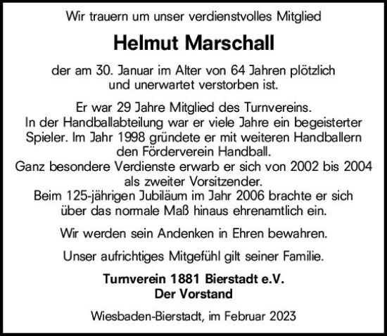 Traueranzeige von Helmut Marschall von Wiesbadener Kurier gesamt