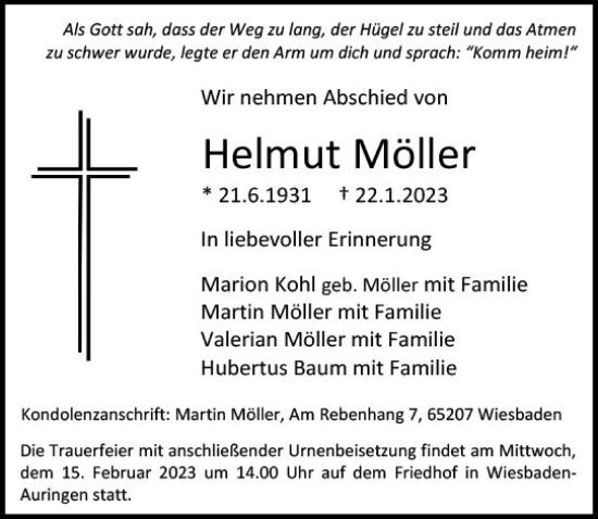 Traueranzeige von Helmut Möller von Wiesbadener Kurier gesamt