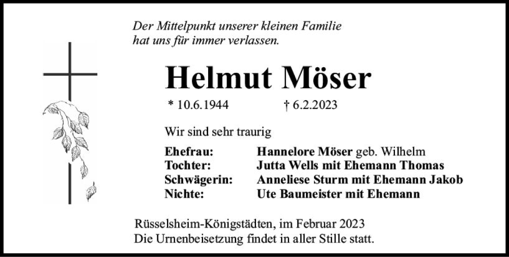  Traueranzeige für Helmut Möser vom 18.02.2023 aus Rüsselsheimer Echo