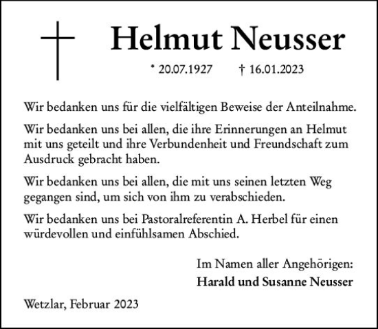 Traueranzeige von Helmut Neusser von Wetzlarer Neue Zeitung