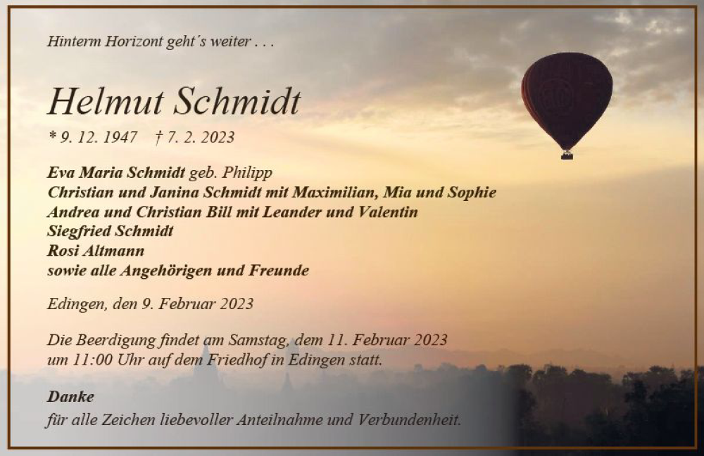  Traueranzeige für Helmut Schmidt vom 09.02.2023 aus Dill Block