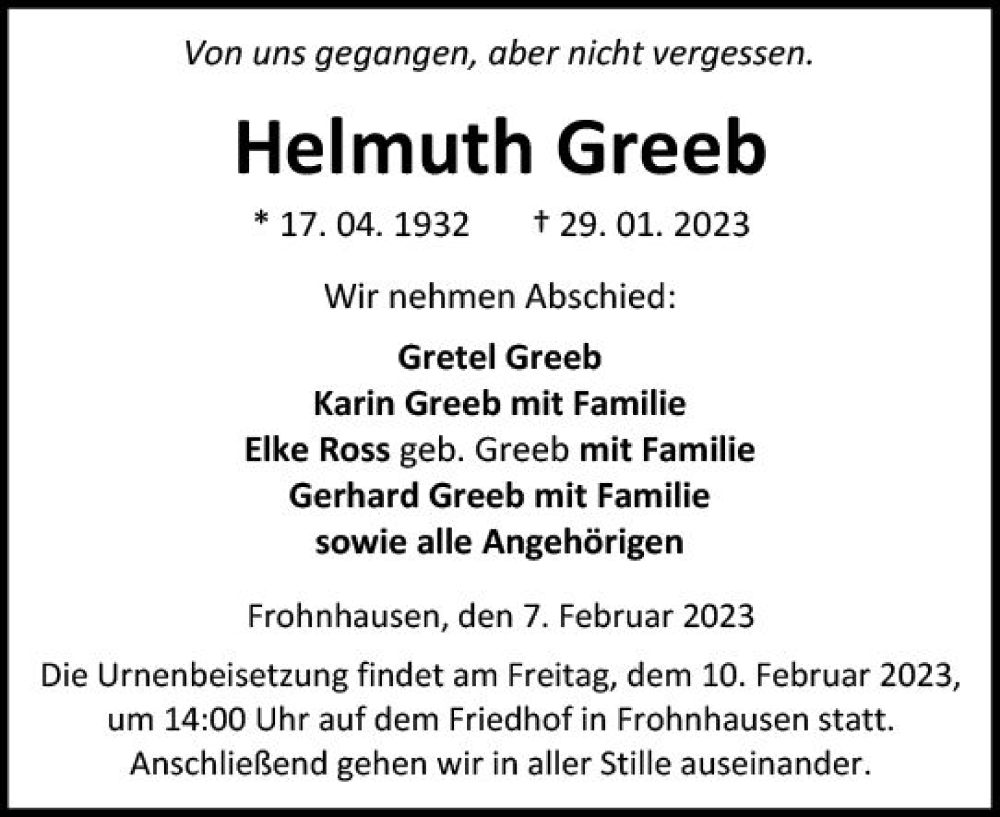 Traueranzeige für Helmuth Greeb vom 07.02.2023 aus Dill Block